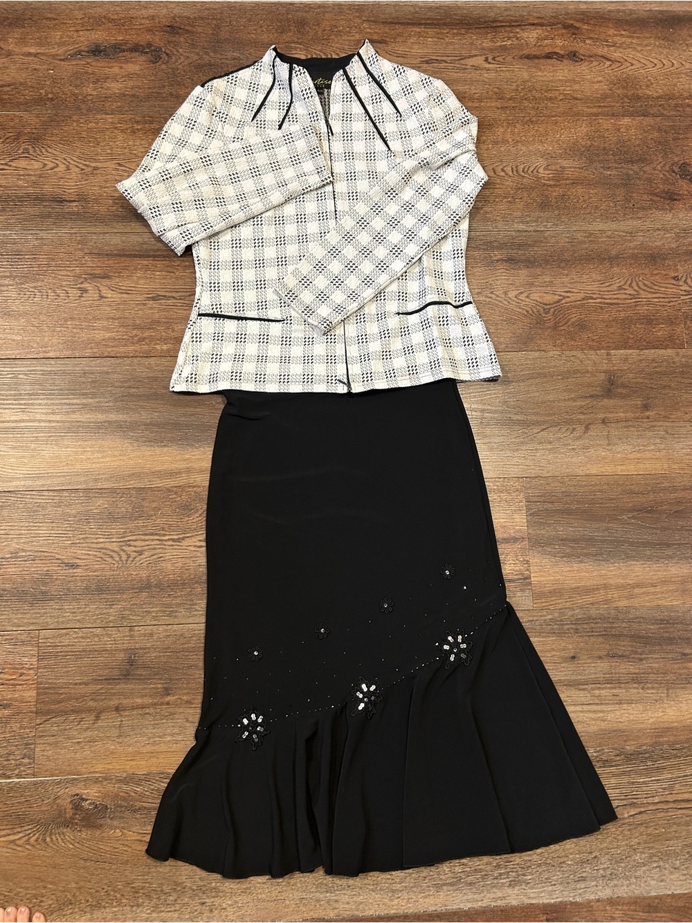 Cartise 2-Piece Skirt Suit Set Houndstooth Jacket Flounce Skirt XL